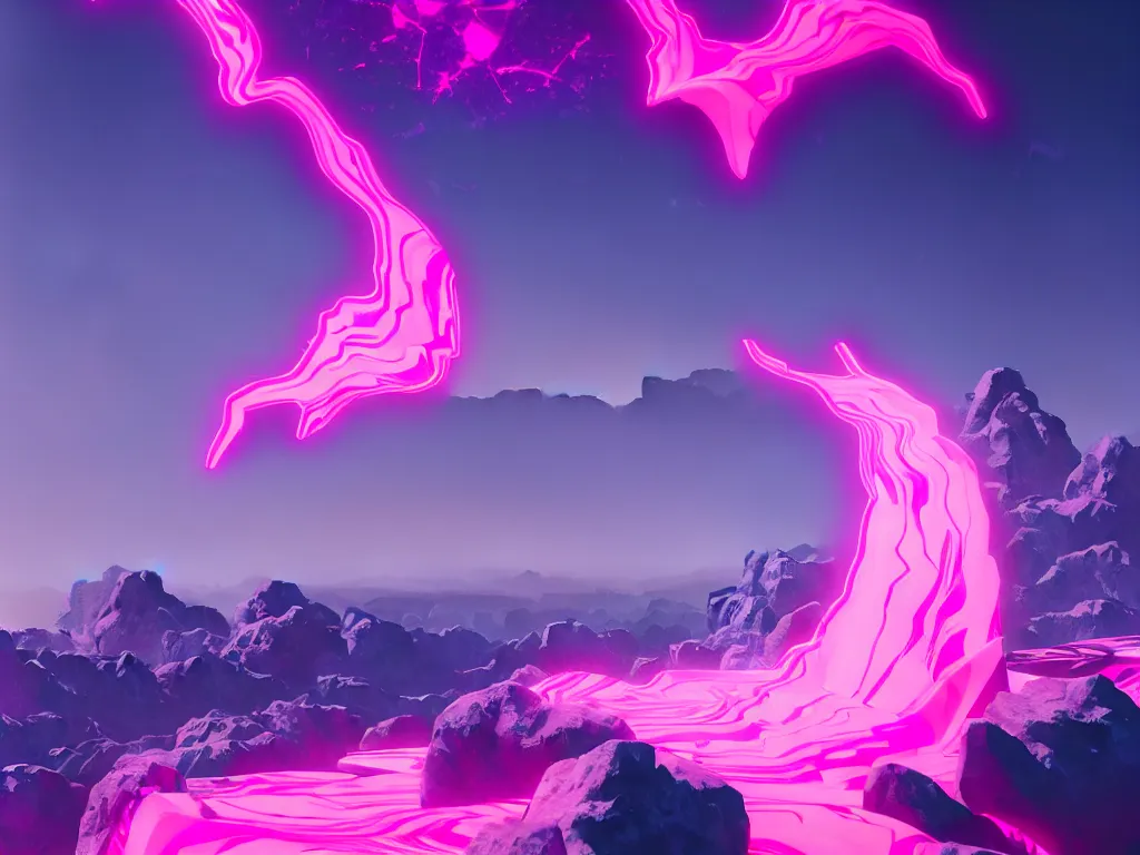 Image similar to manikin made of marble, fractal neon explosion revealing a portal to a vaporwave paracosm, mountains and city in background, rule of thirds, clean linework, dramatic, moody, introspective, cinematic, award winning, 4 k, trending on artstation, photorealistic, volumetric lighting, octane render