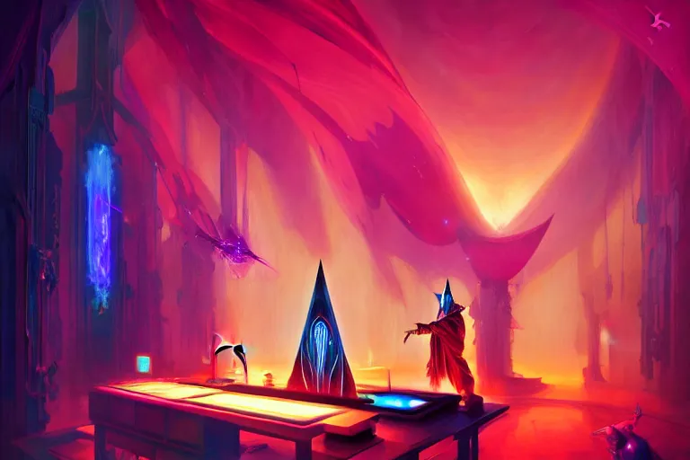 Prompt: a beautiful masterpiece painting of a technomancer wizard in robes with pointed hood battling his synthesized AI djinn in his laboratory near a computer by Remedios Varo and Anato Finnstark and Greg Rutkowski, dayglo pink, dayglo blue, dazzle camouflage, 8k, trending on ArtStation