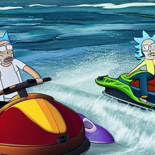 Image similar to rick and morty driving jetskis