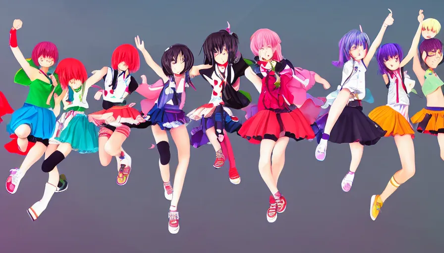 Image similar to group of cute anime characters jumping, colorful outfits, short miniskirts, lightly dressed, ultra detailed digital art, hyper real, detailed, group photo, ultra detailed, ground up angle