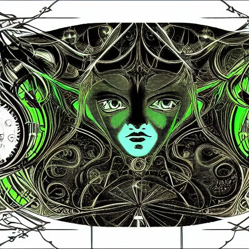 Image similar to Seven of Nine the Borg from star trek, art nouveau, amazing details, intricate details, beautiful ,insane details , tarot card, black paper, neon green, fractal system circuit , in the style of Alphonse Mucha,