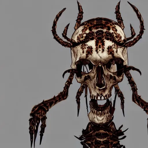 Prompt: Skull that look too much like skull!, crypt lurker!!, grasp of darkness!!!, pitchburn devils, 8k CG character rendering of a spider-like hunting female on its back, fangs extended, wearing a leopard-patterned dress, set against a white background, with textured hair and skin.