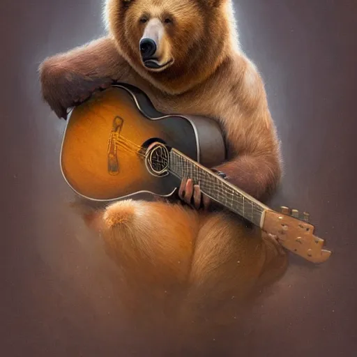 Image similar to realistic bear holding a wooden triangle combined with guitar sound hole and guitar neck, highly detailed, digital painting, artstation, concept art, smooth, sharp focus, illustration, cinematic lighting, art by artgerm and greg rutkowski and alphonse mucha