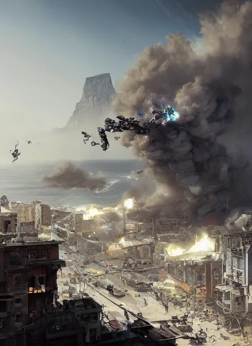 Prompt: hyper realistic squid robot attacking cape town city, table mountain explosions, atmospheric beautiful details, strong composition drawn in ink by kim jung giu weta studio rutkowski, james gurney and greg rutkowski, and lucasfilm