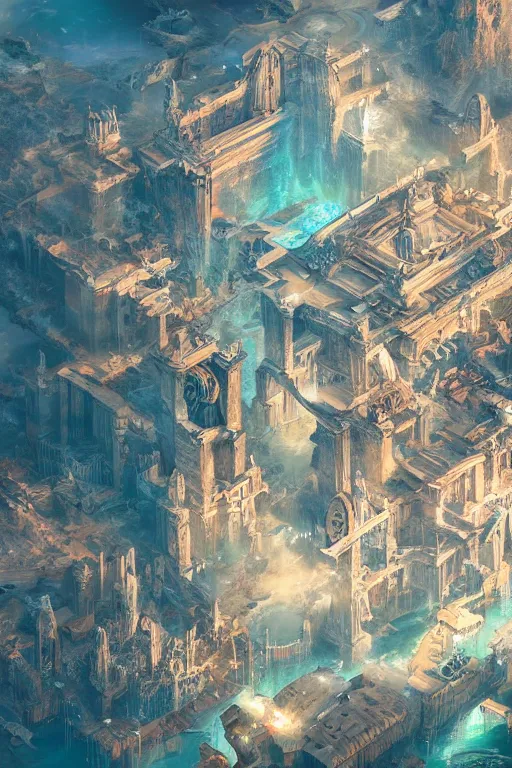 Prompt: birds eye view of atlantis, ancient city, mystical artifacts, flying crystal, art by guweiz, dramatic lighting, highly detailed, incredible quality, trending on artstation