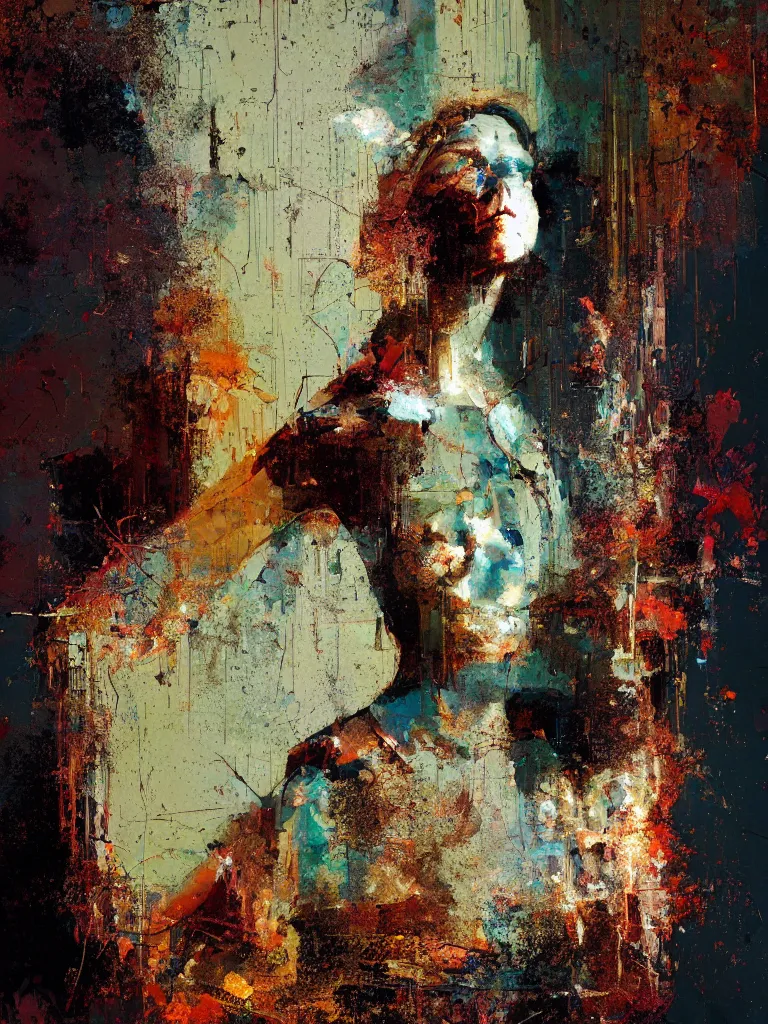 Image similar to a beautiful painting by robert proch and christian hook of a woman in front of a mirror in a glitched bathroom, metal rust and plaster materials, pixel sorting, color bleeding, brushstrokes by jeremy mann