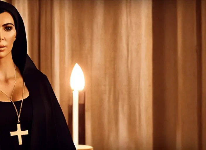 Image similar to a film still of kim kardashian as a nun with her bust slightly exposed. backround : church interior