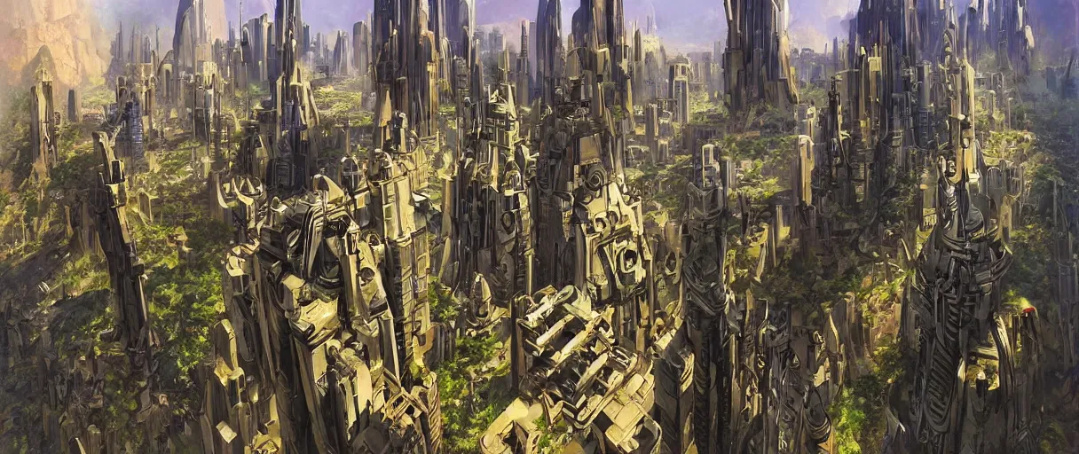 Prompt: an elegant towering retro futurism city made of obsidian and brass built into canyon walls on a lush alien world by robert mccall and john berkey | ralph mcquarrie :. 5 | unreal engine :. 3