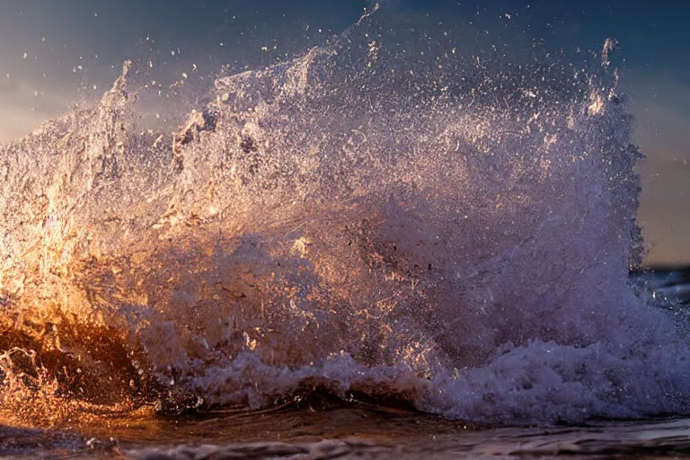 Prompt: high-speed extreme close-up photography splashing wave breaking on the ocean's sandy shore at sunset