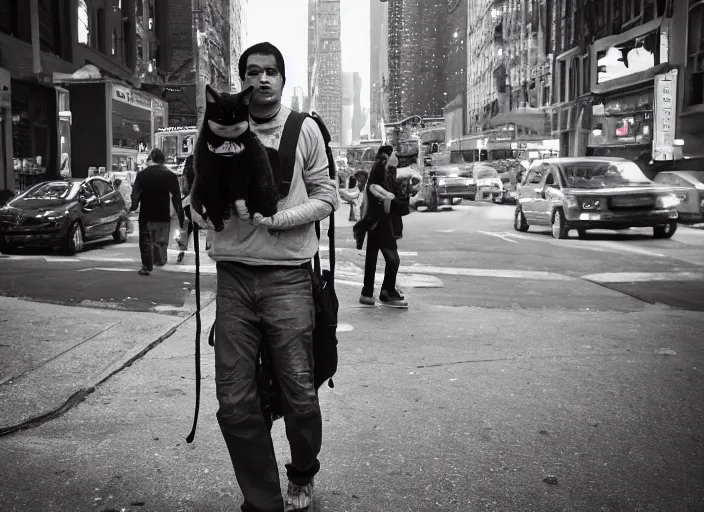 Image similar to photography of a Cat being carried in a backpack . in a new york street. award winning photo, led lighting, night, 130mm, sharp, high res