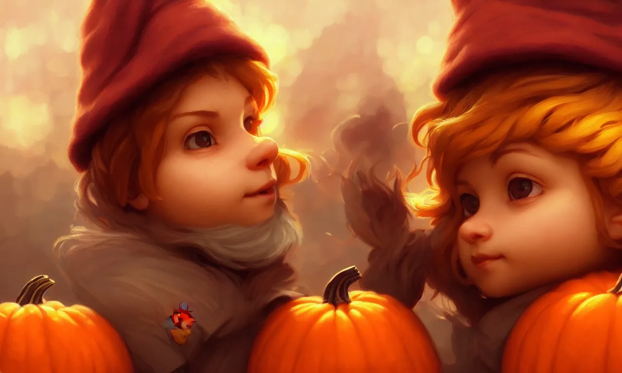 Prompt: hand drawn cute one gnomes face in autumn and pumpkin, detailed closeup face, concept art, low angle, high detail, warm lighting, volumetric, godrays, vivid, beautiful, trending on artstation, art by artgerm and greg rutkowski and alphonse mucha