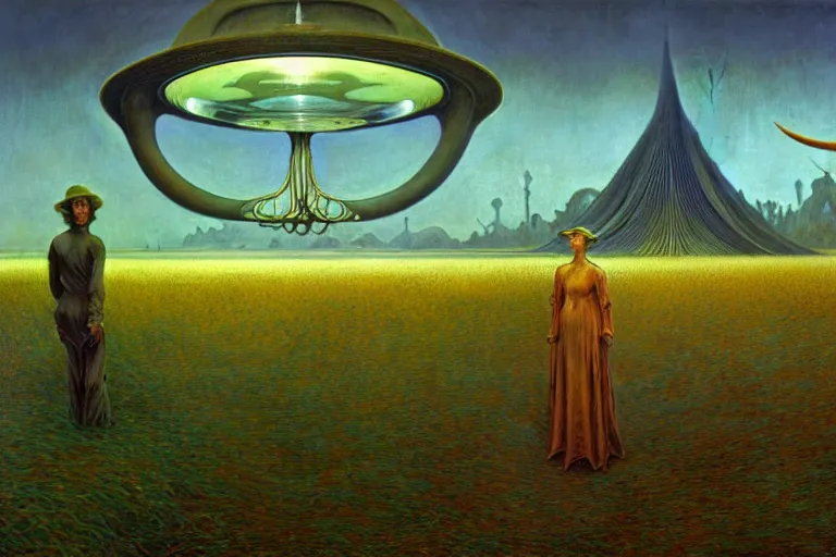 Image similar to realistic extremely detailed portrait painting of a ghost farmer, single house in a plain field and single ufo in the background, futuristic sci-fi forest by Jean Delville, Amano, Yves Tanguy, Alphonse Mucha, Ernst Haeckel, Edward Robert Hughes, Roger Dean, rich moody colours, 4k octane render, blue eyes