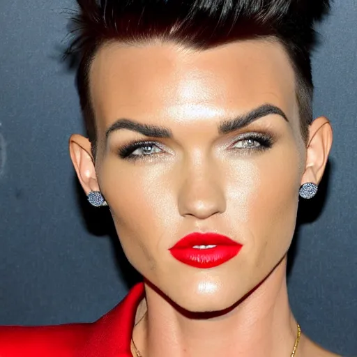 Prompt: Ruby Rose with a dark tan and spiky red hair and wearing gold contact lenses wearing a blue suit with a yellow tie