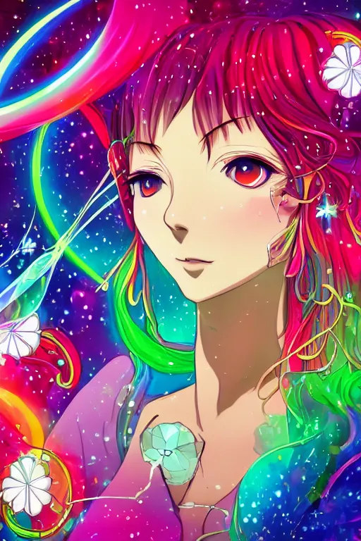 Prompt: psychedelic, whimsical, anime, 4k, beautiful intimate woman blowing smoke, with professional makeup, long trippy hair, a crystal and flower dress, sitting in a reflective pool, surrounded by gems, underneath the stars, rainbow fireflies, trending on patreon, deviantart, twitter, artstation, volumetric lighting, heavy contrast, art style of Ross Tran and Viktoria Gavrilenko