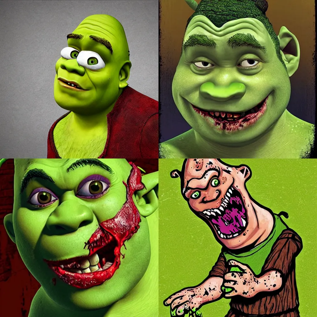 Prompt: shrek as a bloody , disfigured zombie