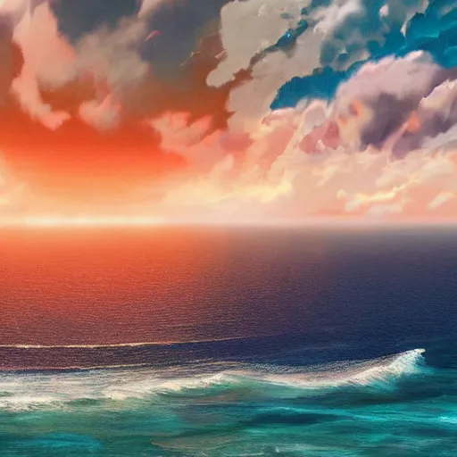 Prompt: An ocean!!!!! stretching as far as the eye can see, with overhead cloudy!!!!! skies, photorealistic imagery, smoky atmosphere, fiery!!!!! and gloomy art style, trending on arstation, 4k, 8k