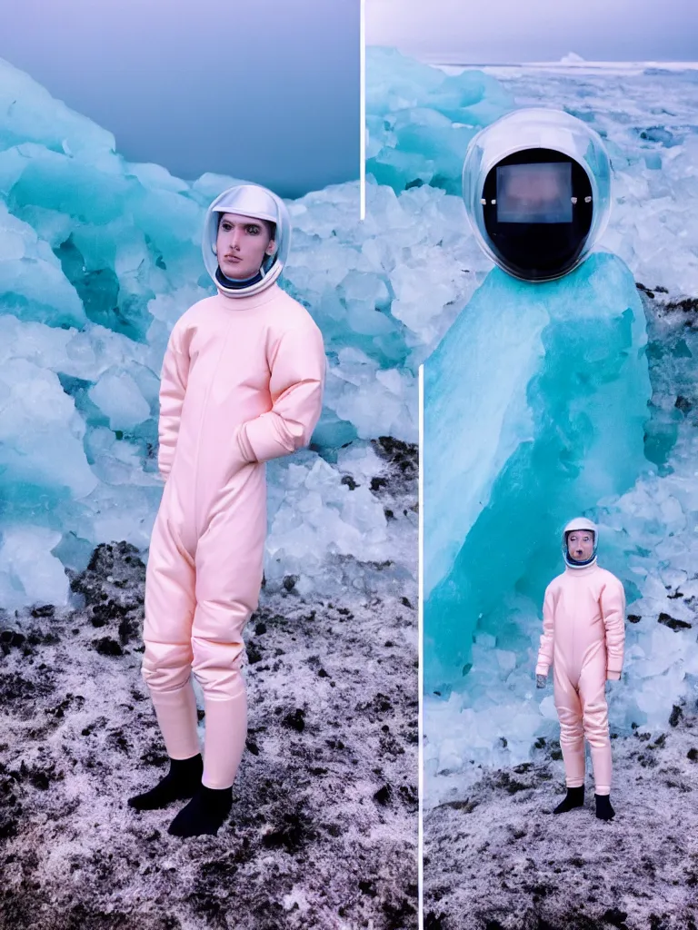 Image similar to high quality pastel coloured film portrait photograph of a beautiful young 2 0 year old male, soft facial features, short hair, wearing perspex space helmet and oversized inflated clothing!! icelandic black rock pool environment. atmospheric three point light. photographic. art directed. ( pastel colours ). volumetric. clearcoat. waves. 8 k. filmic.