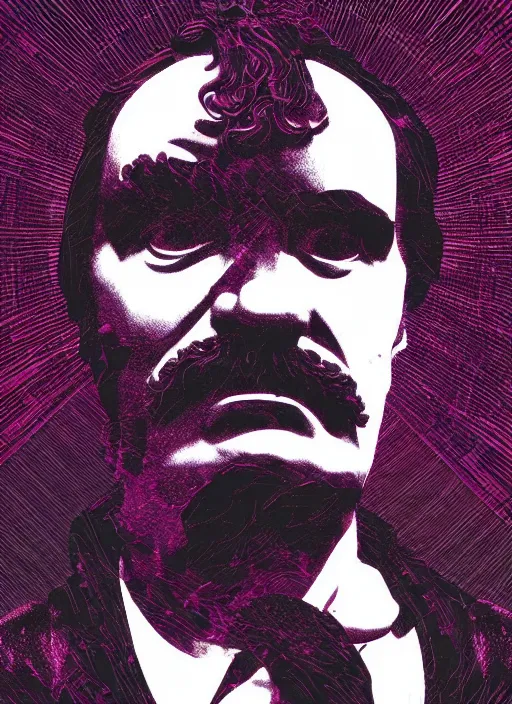 Prompt: elegant dark design poster showing a beautiful greco roman statue of friedrich nietzsche, black background with very subtle red and purple design elements, bold, powerful, nekro, vito acconci, thin straight purple lines, dark, glitch art, neo vaporwave, gritty, layout frame, square, trending on artstation