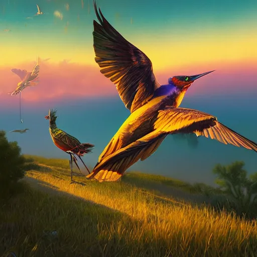 Prompt: night panoramic bird hyper realism nature photography fantasy octane render rich by syd mead, lisa frank, rhads, greg rutkowski, moebius