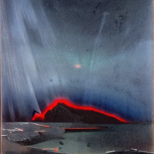 Image similar to the epic abstract painting'blue arctic void with black and red aurora borealis above a tiny inuit village ', by caspar david friedrich!!!, by rothko!!!, stunning masterpiece, trending on artstation