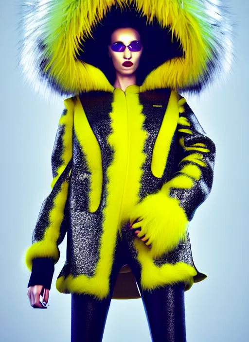 Prompt: coat for a rave With fur, hairstyle, White soft leather model, earrings, bright soft colors, soft yellow background, many details, prints, photo for a magazine, photo for a store, fashion photography, Vogue, low angle photo, wide angle , cinematic, hyper realism, high detail, octane render, 8k, chrome accents, very coherent symmetrical artwork, perfect face model, Soft light, Reduced contrast