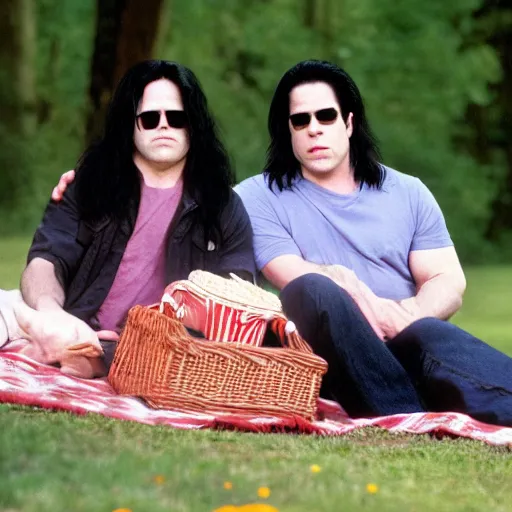 Prompt: glenn danzig and henry rolling enjoying romantic picnic, beautiful day, high resolution,