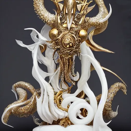 Image similar to angelarium, illithid, cthulhu, white with gold accents, sculpture by ellen jewett