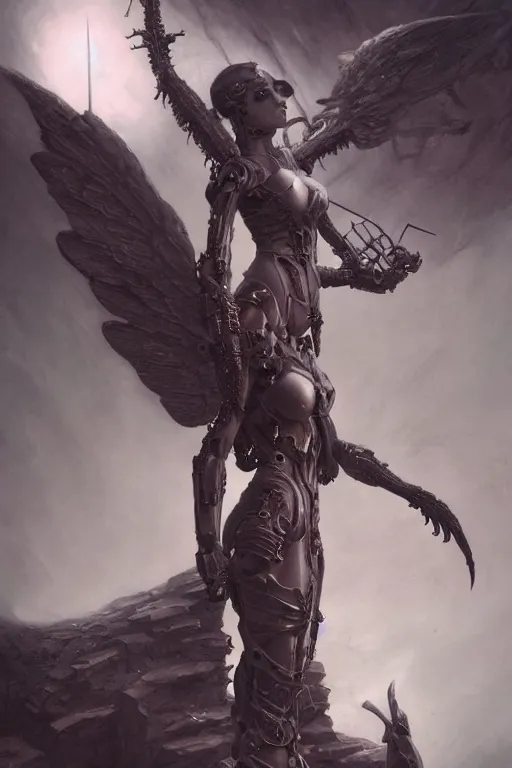 Image similar to Beautiful pale warhammer 40000 goth girl with mechanical wings, dark fantasy, digital illustration, intricate, highly detailed, smooth, artstation, painted by Wayne Barlowe and Greg Rutkowski and zdislav beksinski and Ruan Jia and Mandy Jurgens and Artgerm and william-adolphe bouguereau