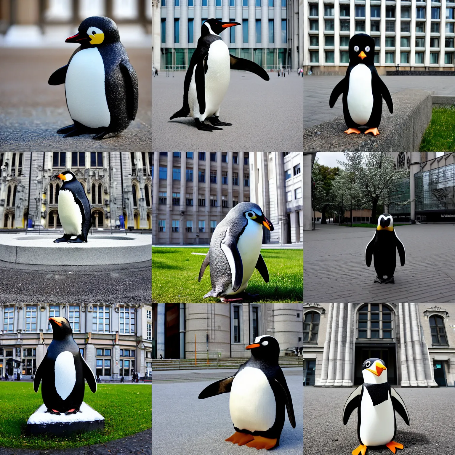 Prompt: A penguin in front of the Technical University of Munich in Garching