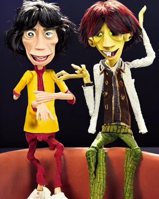 Image similar to mick jagger and keith richards as a highly detailed stop motion puppets, in the style of laika studios ’ s paranorman, coraline, kubo and the two strings shot in the style