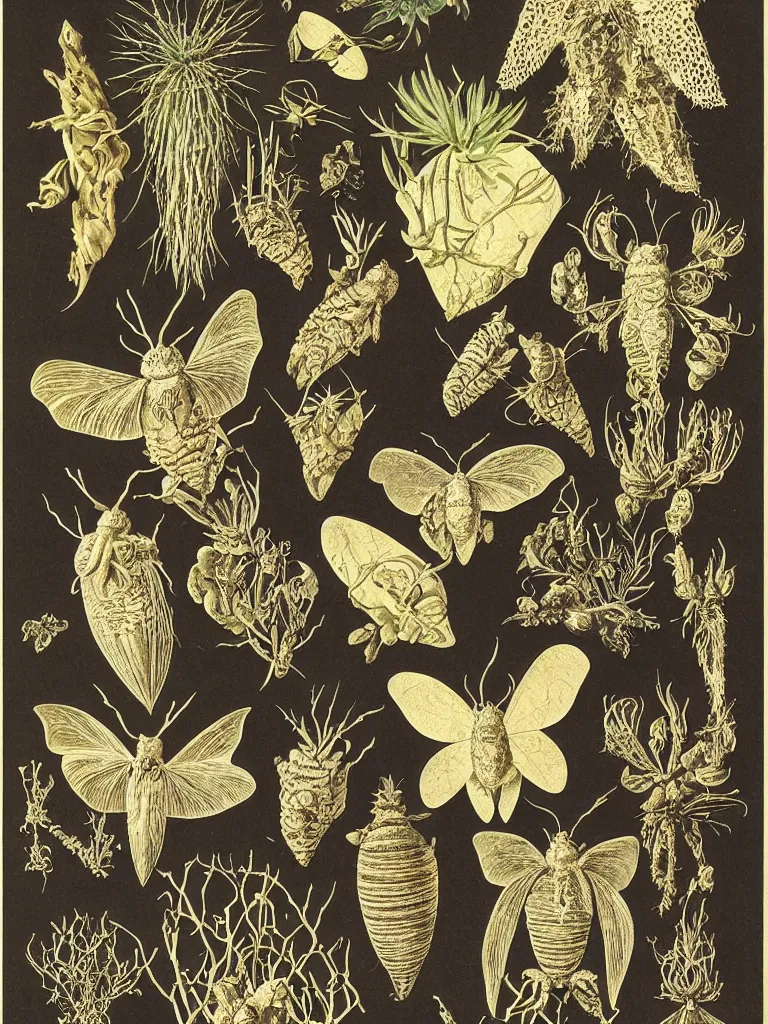 Image similar to moths and bats and glowing cactus, by ernst haeckel and by walton ford