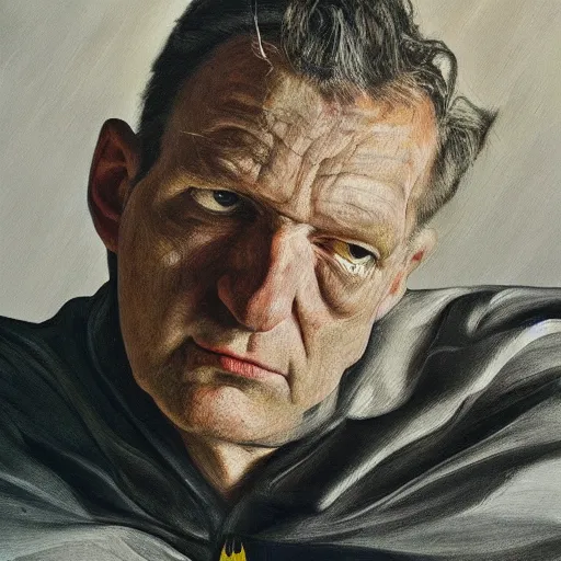 Prompt: high quality high detail painting by lucian freud, hd, portrait of a batman, photorealistic lighting