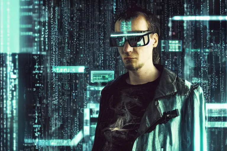 Image similar to cyberpunk hacker portrait in high tech compound by Emmanuel Lubezki