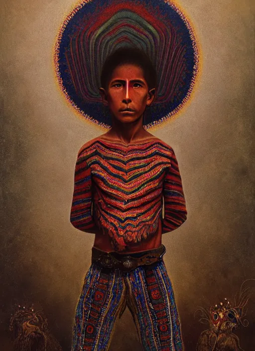 Prompt: portrait of a magical huichol boy in oaxaca mexico, by agostino arrivabene and tom bagshaw and manuel sanjulian