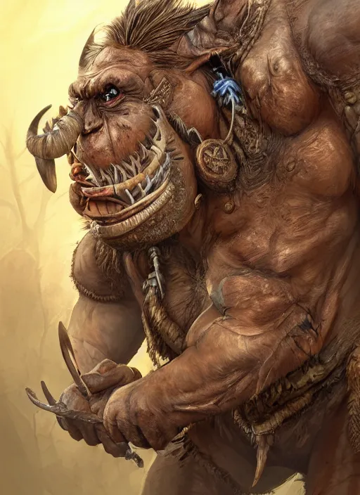 Image similar to , brown orc with tusks, detailed eyes, cute, fantasy, intricate, highly detailed, digital painting, 4k, HDR, concept art, smooth, sharp focus, illustration, by Wayne Reynolds