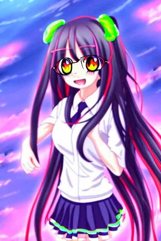 Prompt: full body anime portrait of a cute girl round eyes long hair dressed in a school uniform cinematic highly detailed 4 k neon anatomically correct