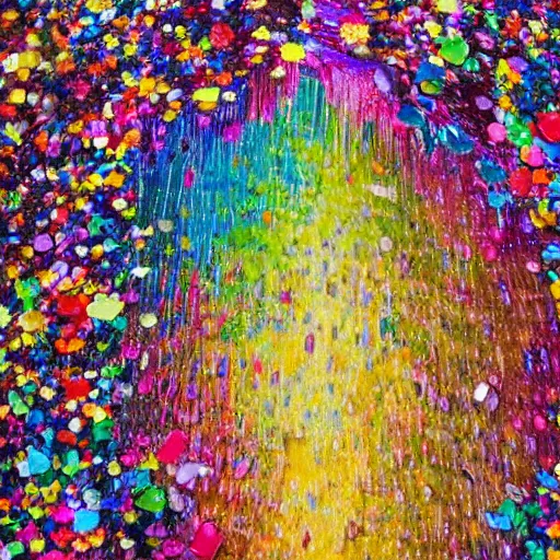 Image similar to extreme close-up of maximalist waterfall with water full of broken mirror pieces and millions of tiny colorful flower petals, bright saturated colors, scintillating, trending on ArtStation, beautiful!!! stunning!!! waterfall, impressionistic oil on canvas