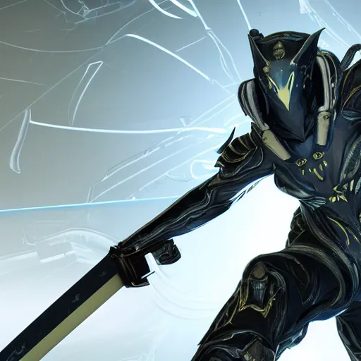 Image similar to photograph of mag!!!!!!!! warframe holding a katana!!!!!!!, 8k resolution, high detail, ULTRA REALISTIC VFX, reflections