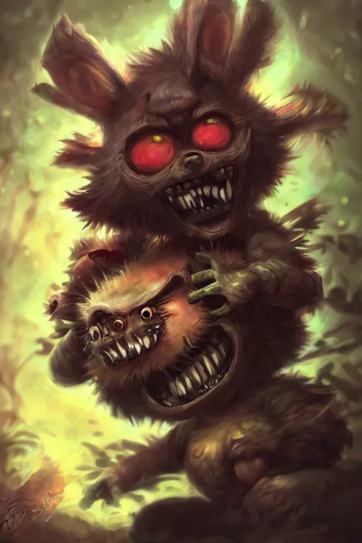 Prompt: beautiful portrait painting of a horrifying terrifying scary ominous detailed teemo from league of legends, fantasy horror, game concept art, hyperrealism, dark surrealism, gothic