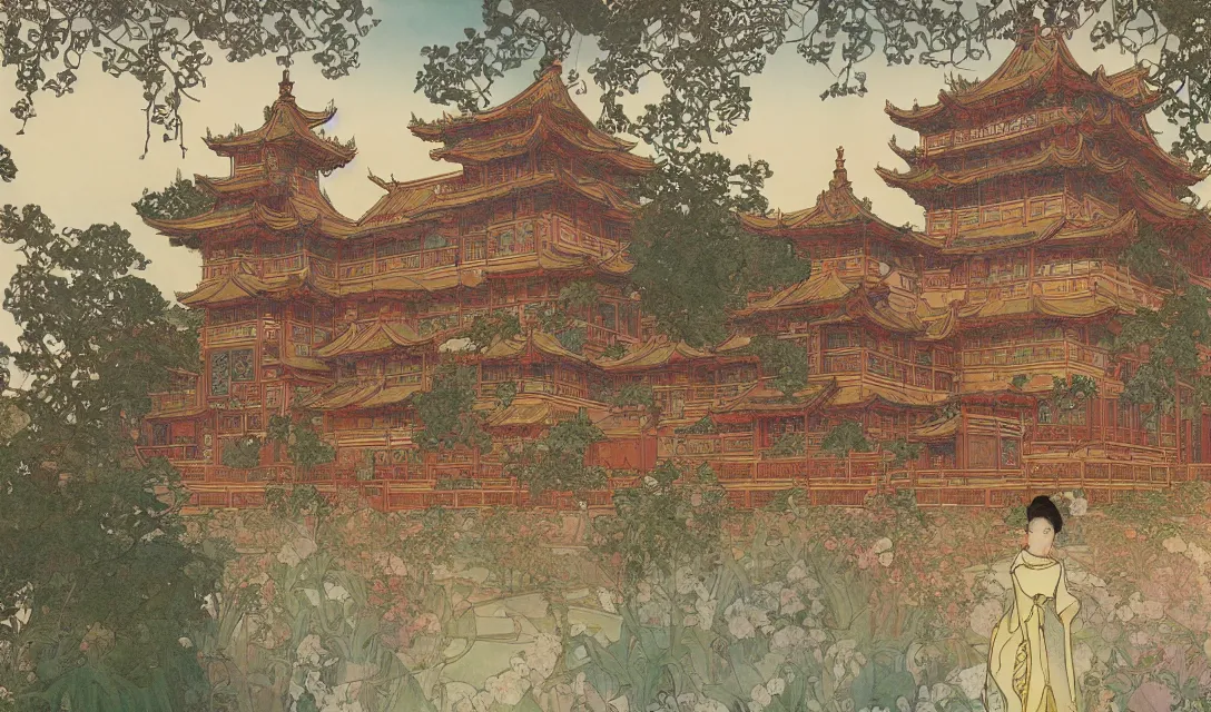 Prompt: a beautiful illustration of a gorgeous symmertrical chinese palace, by alfons mucha, theo prince and studio ghibli, trending on artstation, 8 k