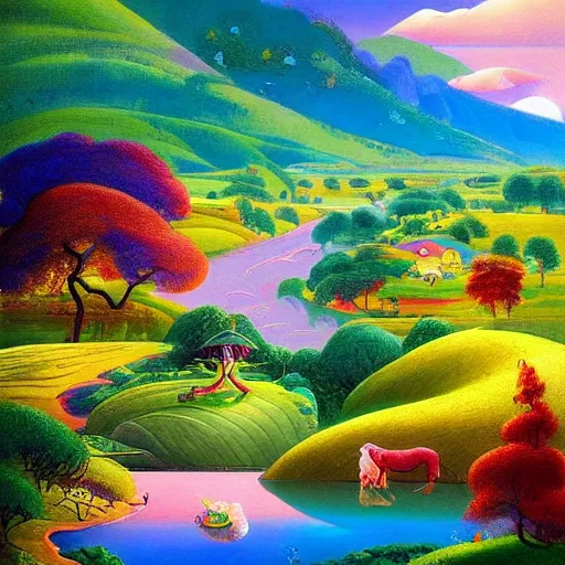 Prompt: A beautiful painting of of a Vibrant landscape. It is a stylized and colorful view of an idyllic, dreamlike world with rolling hills, peaceful looking animals, and a flowing river. The scene looks like it could be from another dimension, or perhaps a fairy tale. by Hsiao-Ron Cheng, by Paul Gustav Fischer improvisational