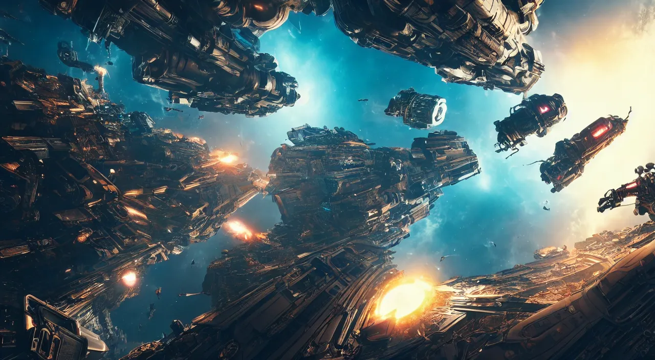Prompt: View from Earth of two planet-sized cyberpunk steampunk cyborg titans battling in space. 4K Cinematic, Award winning, ultra high resolution, intricate details, UHD 8K