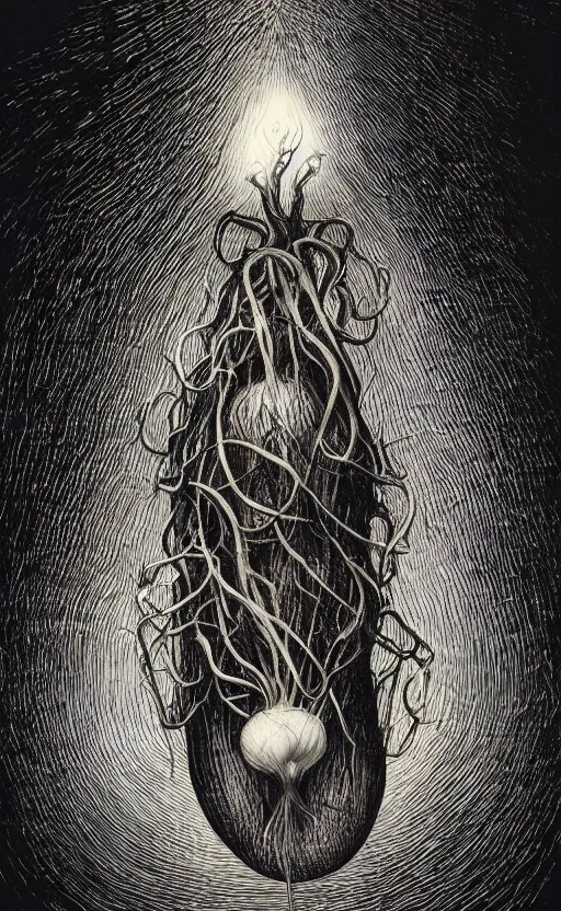 Image similar to portrait of lovecraftian onion with an mouth in the middle of it, surrounded by beams of light dark background by wayne barlow, stanley donwood, anton semenov, zdzislaw bekinski, hr giger, 8 k, fantasy, dark, highly detailed