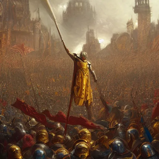 Image similar to artstation concept of a man in armor standing in a crowd gettig cheered, man with arms wide open, bright colorful, gold, hyperdetailed, artstation trending, world renowned artists, worth 1 0 0 0. com, historic artworks society, antique renewel, cgsociety, by greg rutkowski, by gustave dore, deviantart