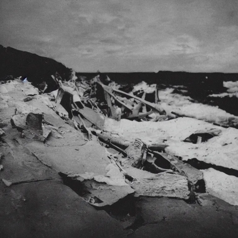 Image similar to the ship of theseus wrecked upon the night's plutonian shore, 35mm photography by Edgar Allan Poe