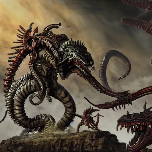 Prompt: Xenomorph and Tyranid chimera, warhammer 40k