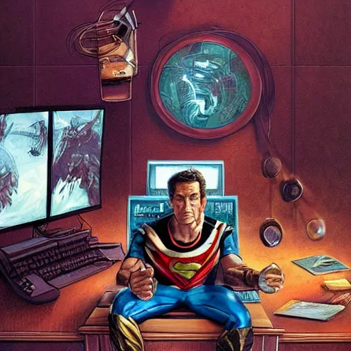 Prompt: an insanely detailed painting of jeff probst wearing a superhero costume sitting at a desk, staring nervously at a computer and typing, in the style of peter mohrbacher, dramatic lighting and composition, trending on artstation, concept art, comic book