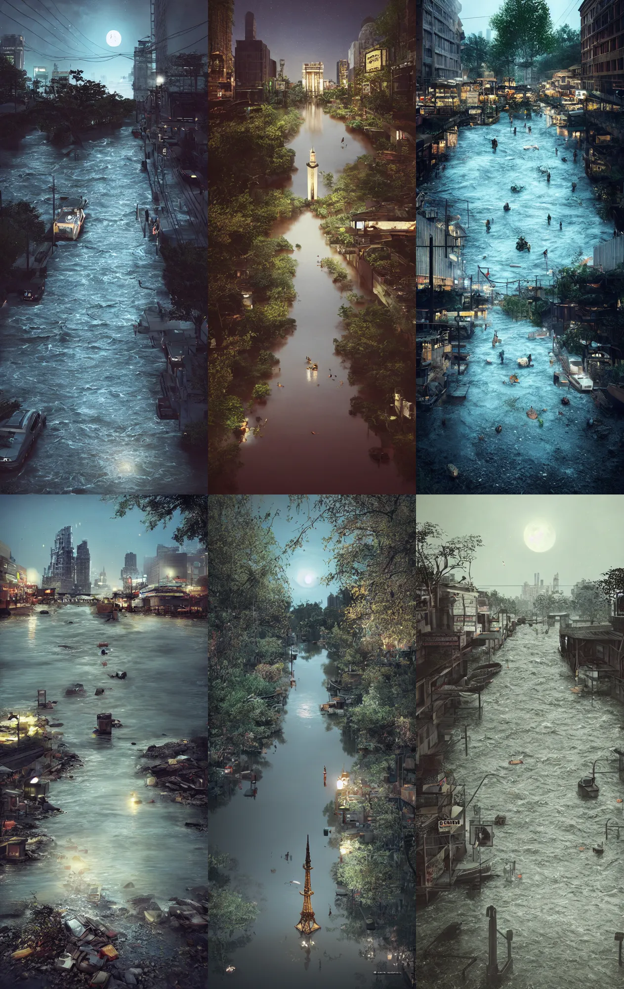 Prompt: kodak portra 4 0 0 photographic and realistic, ancien asia tower, night, moonlight, detailed, octane render, unreal engine, 4 k, artstation, hyper realistic, wide angle, floor flooded, how a river, objects that float, 3 5 mm, sharp focus, soft light, volumetric light, in the style of gregory crewdson