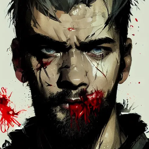 Image similar to portrait of pewdiepie with an angry expression, blood covering his face, wearing a leather jacket, dramatic lighting, illustration by Greg rutkowski, yoji shinkawa, 4k, digital art, concept art, trending on artstation