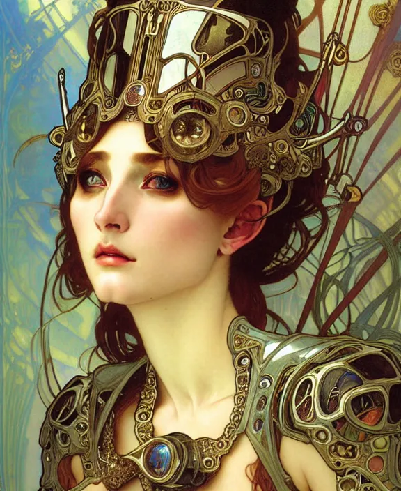 Prompt: realistic detailed face portrait of a beautiful futuristic italian renaissance queen in opulent alien cyberpunk armor by alphonse mucha, ayami kojima, amano, greg hildebrandt, and mark brooks, female, feminine, art nouveau, ornate italian renaissance cyberpunk, iridescent venetian blown glass, neo - gothic, gothic, character concept design